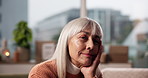 Thinking, relax and happy with old woman in home for memory, reflection and mindset. Peace, vision and nostalgia with elderly person remember in living room of apartment for calm, decision and idea