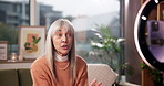 Ring light, phone or woman with live streaming in home for social media vlog, subscription or tips. Influencer, mature person and speaking to audience on video for content creation and advice on sofa