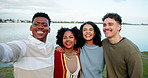 Gen z friends, selfie and happy at park, lake and hug with reunion, weekend and laugh on vacation. People, men and women with photography, smile on profile picture on social media on holiday by water