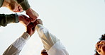 Fist bump, applause and people outdoor with support, bonding or goals together from below. Clapping hands, huddle and friends with celebration for team building, community or target by mockup space.