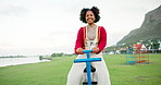 Face, fun and laughing with black woman on seesaw in park for holiday, vacation or weekend. Funny, happy and pov with person at outdoor playground in nature for energy, excitement or wellness