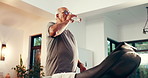 Senior man, drinking water and exercise on treadmill for fitness, wipe sweat or check smart watch. Hydration, cardio machine and person in home for workout, health or happy for progress in retirement
