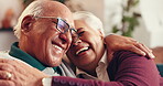Smile, laugh and hug with mature couple on sofa for bonding, romance and happiness. Comedy, support and marriage with senior man, woman and living room of home for relationship and relax together