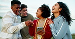 Laughing, phone and text message with friends outdoor together for connectivity or networking. App, mobile search and social media with group of funny people in nature for comedy, humor or meme