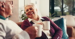 Gossip, laugh and coffee break with old couple on sofa for bonding, romance and happiness. Smile, beverage and drink with senior man, woman and living room of home for relationship and relax together