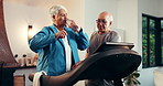 Senior woman, drinking water and treadmill in home with man, towel and exercise for retirement wellness. Old couple, happy and bottle with gym equipment, machine and motivation for training in house
