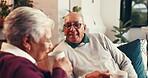 Smile, laugh and coffee break with old couple on sofa for bonding, romance and happiness. Care, support and gossip with senior man, woman and living room of home for relationship and relax together
