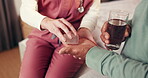 Nurse, hands and senior person with pills, water and healthcare with home medication for wellness or recovery. Pensioner, caregiver and treatment with mature patient, tablets and prescription drugs