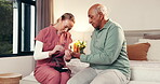 Woman, nurse and senior man with diabetes for prick, blood test or pen on finger in elderly care at home. Female person, pensioner or medical caregiver with needle for healthcare, insulin and monitor