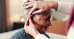 Nursing home, nurse and helping old woman with hearing aid, healthcare or installation of equipment. Happy, caregiver and assistance for elderly person with tech to amplify sound and communication