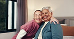 Healthcare, hug and nurse with senior woman in home for consultation with good news for treatment. Medical checkup, conversation and caregiver embracing female patient in bedroom for healing in house