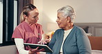 Tablet, consultation and nurse with senior woman in home for research on treatment plan. Medical checkup, technology and caregiver with elderly female patient with diagnosis in bedroom at house.