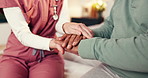 Nurse, hands and elderly patient with sympathy for understanding, comfort or support in home. Closeup, caregiver and senior with empathy for healthcare, assisted living or help in retirement house