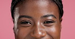 Face, eyes and beauty with happy woman closeup for eyelash treatment, natural glow and shine. Portrait, skincare and African model with facial cosmetics, vision and mascara on pink studio background