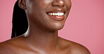 Lips, smile and woman with dental care for teeth, oral wellness or hygiene on pink studio background. Mouth, closeup and person with clean tooth, fresh breath or laugh with healthy gums for aesthetic
