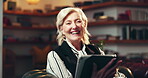 Face, mature woman and tablet for author, information and schedule date for release on sofa. Freelancer, portrait and novel writer with technology for research, networking and publishing plan in home