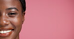 Face, skincare and beauty of black woman in studio isolated on pink background with mockup space. Portrait, natural cosmetics and African model with spa facial treatment, wellness and skin health