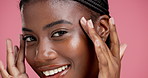 Face, skincare and black woman with smile for glow, soft skin or perfect on pink studio background. Portrait, happy model and cosmetics for collagen treatment, natural aesthetic or facial beauty