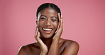 Face, skincare and happy black woman with glow, soft skin or attractive on pink studio background. Portrait, laugh and model with cosmetics for collagen treatment, natural aesthetic or beauty results