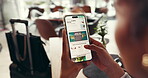 Travel, website and phone screen with hands of person for holiday planning, blog and tourism. Vacation research, destination guide and newsletter with woman in airport lounge for accommodation review