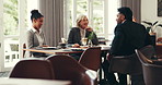 Start, arrive or lawyers in meeting at office for legal discussion, teamwork or court case deadline. Begin, appointment or business people at law firm talking with attorney or advisor for feedback