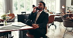Talk, lawyer and man in restaurant, phone call or waiting for client, business trip or consultation. Legal advisor, person and discussion with contact for international case, diner and networking