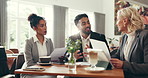 Meeting, contract or lawyers in discussion at office for legal negotiation, court case or research. People, plan or business consultant talking with attorney, advisor or feedback review at law firm