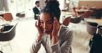 Business woman, travel anxiety and headache in lobby with pain, burnout or fatigue with overtime. Work trip, stress and employee with inflammation, massage and ache for strain or muscle tension