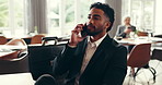 Business trip, lawyer and man in restaurant, phone call or waiting for client, talk or consultation. Legal advisor, person and discussion with contact for international case, diner and networking