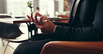 Hurt, hands and employee with injury, restaurant or discomfort of muscle strain or business meeting. Tender, palm and person with inflammation in diner, joint pain and pressure on nerve and sprain