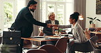 Travel, handshake and meeting with business people in airport lounge for welcome, relax and conference trip. Thank you, teamwork and networking summit with employees shaking hands in cafe for partner