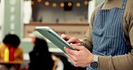 Man, hands and waiter with tablet by food truck for sales, order stock or inventory in nature. Barista, person and technology at outdoor cafe to review menu, scroll email or schedule for hospitality