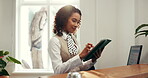 Business woman, hotel and receptionist with tablet for online booking, check in app and schedule. Hospitality industry, concierge and scroll on digital tech at front desk for reservation management
