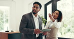 Discussion, tablet and hotel receptionist with man for accommodation, booking help and business trip. Conversation, tech and concierge with guest for hospitality, service or corporate travel check in