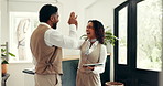 Office, colleagues and people with tablet, high five and excited for collaboration, win and success. Interior designer, man or gesture with woman for achievement, laugh or happy for positive feedback