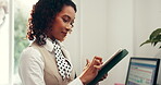 Hotel receptionist, hospitality and woman with tablet for online booking, availability and schedule. Business, concierge and scroll on digital tech at front desk for reservation management or checkin