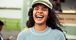 Laughing, face and smile with woman at food truck for customer experience, cafe or relax. Hospitality, funny and small business with person and coffee shop on trailer van fo restaurant entrepreneur