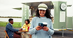 Girl, phone and texting with coffee at park, outdoor and smile with web chat at food truck. Woman, smartphone and happy on mobile app for social network with takeaway beverage, tea cup and drink