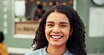 Happy, pride and face of woman outdoor at food truck for holiday, vacation or weekend trip. Smile, confident and portrait of student from Mexico on getaway for spring break with positive attitude.