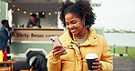 Smile, phone and cafe with person at food truck for customer experience, promotion post and typing. Restaurant review, vendor rating and social media with woman outdoor for mobile coffee shop or van