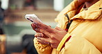 Hands, phone and typing with person at food truck for customer experience, promotion post and cafe. Restaurant review, vendor rating and social media with woman outdoor for mobile coffee shop or van
