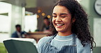 Tablet, laugh and waitress outdoor with inventory, online orders or stock list at food truck. Happy, digital menu and female barista with technology for checking reservation on website at restaurant.