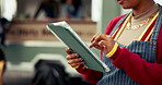 Tablet, hands and waitress outdoor with inventory, online orders or stock list at food truck. Website, digital menu and female barista with technology for checking reservation at restaurant.