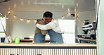 Men, barista and tablet with hug for congratulations, social media and trailer cafe. People, technology and waiter for online customer service, web connection or mobile coffee shop review for success