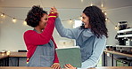 Women, barista and tablet with high five for celebration, social media and trailer cafe teamwork. People, tech and waiter for customer service, partnership or mobile coffee shop review for success