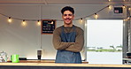 Waiter, face and man with arms crossed in food truck for about us, friendly welcome or local vendor. Mobile small business, server and confidence for customer service, startup or ready for assistance