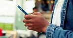 Hands, phone and search with person at food truck for customer experience, promotion post and typing. Restaurant review, vendor rating and social media with man outdoor for mobile coffee shop or van