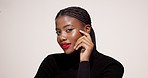 Face, fashion or black woman with lipstick in studio for beauty glow or skincare cosmetics, Proud, classy or African female person on white background with shine, space or makeup with elegant style