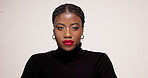 Face, fashion or confident black woman with lipstick in studio for beauty glow or skincare cosmetics, Proud, classy or African person on white background with shine, space or makeup for elegant style