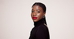 Makeup, lipstick and face of black woman in studio with beauty, cosmetics and salon products. Mockup space, aesthetic and portrait of person with lip gloss, shine and and color on white background